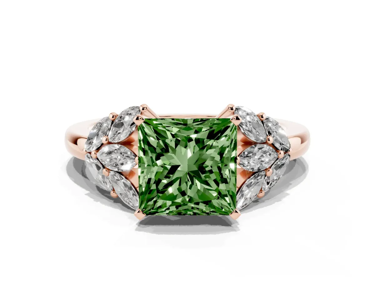 Fancy Green Princess Cut Diamond Cluster Leaf Design Ring with Prong Setting Rose gold