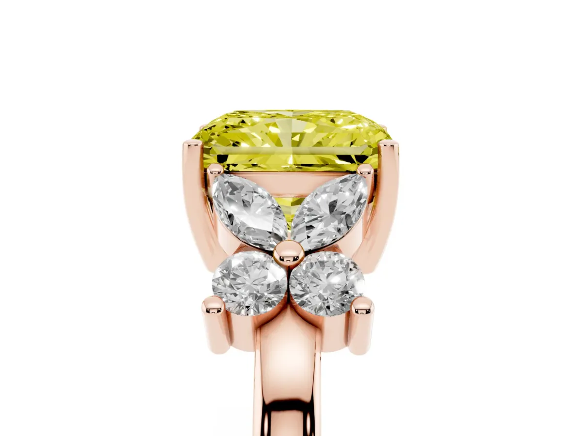 Fancy Yellow Radiant Cut Diamond Floral Cluster Ring with Solitaire Band and Prong Setting Rose gold