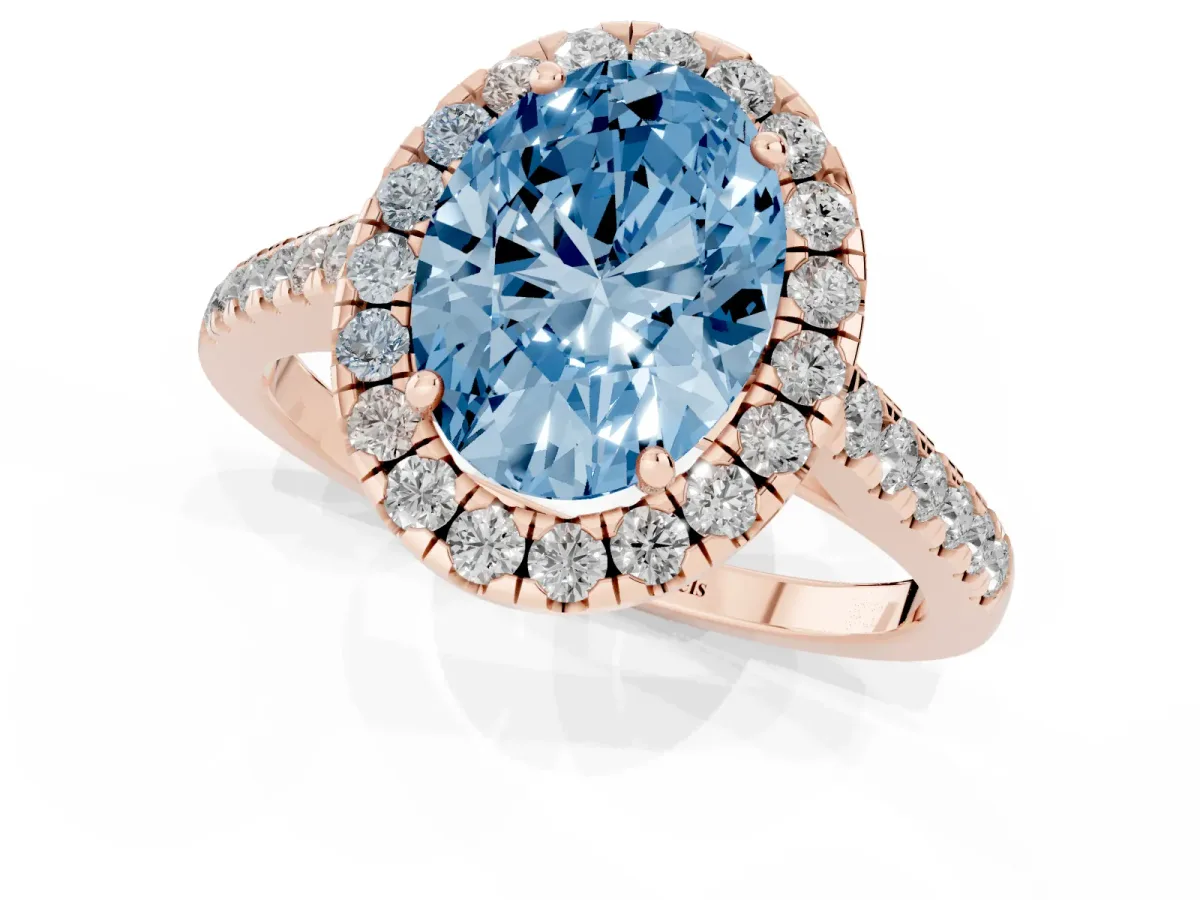 Fancy Blue Oval Cut Halo Pave Diamond Engagement Ring with Four-Prong Setting Rose gold
