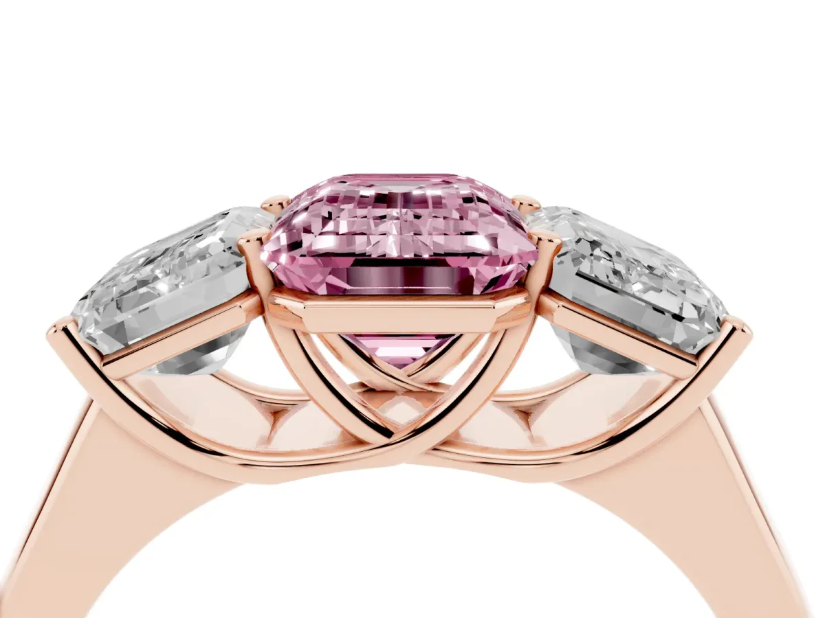 Fancy Pink Emerald Cut Three-Stone Diamond Ring with Prong Setting on a Classic Band Rose gold