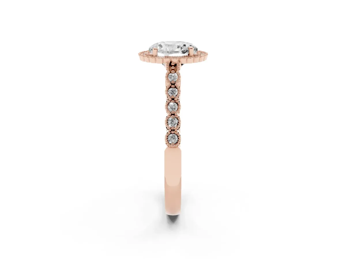 Round Cut Cut Halo Pavé Solitaire Ring with Milgrain Band Rose gold