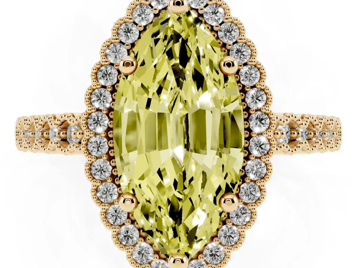 Fancy Yellow Marquise Cut Cut Halo Pavé Solitaire Ring with Milgrain Band Yellow gold