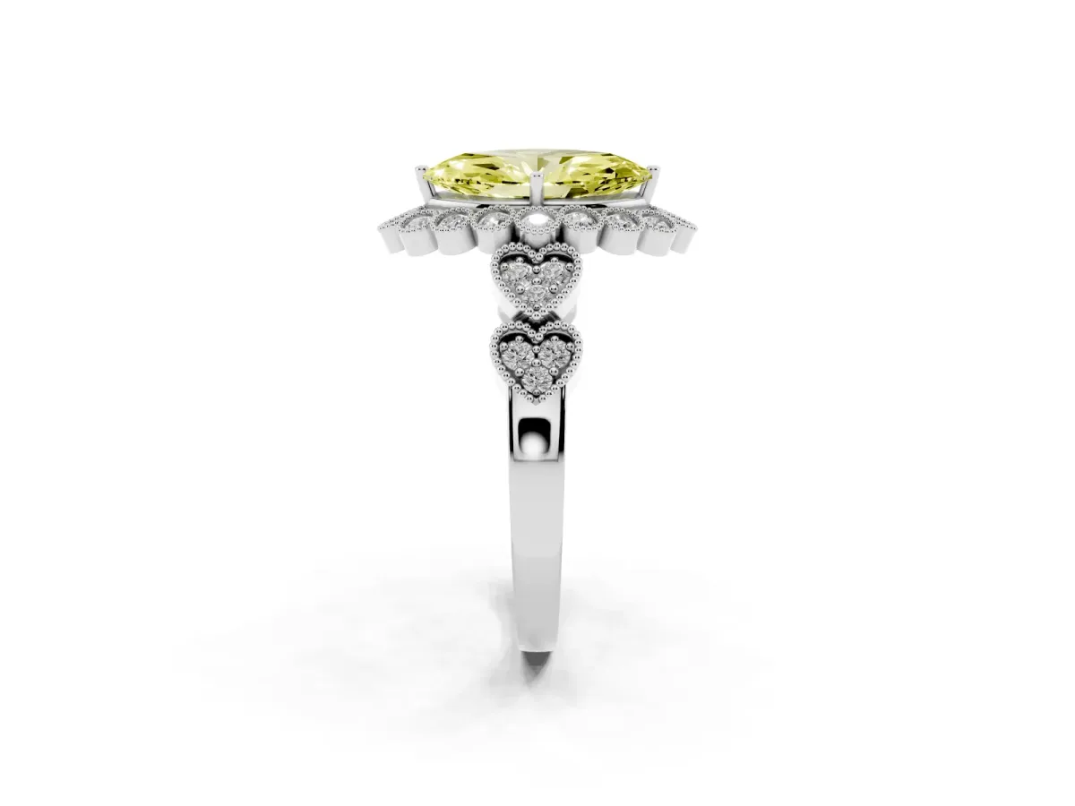 Fancy Yellow Marquise Cut Brilliant Milgrain Pave Heart Band Solitaire Ring Silver