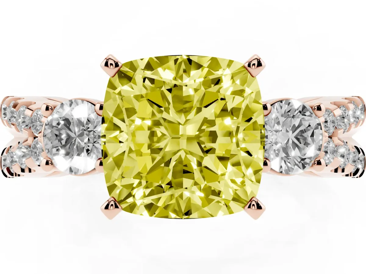 Fancy Yellow Cushion Cut Diamond Three-Stone Ring with Pavé Split Shank and Four-Prong Setting Rose gold