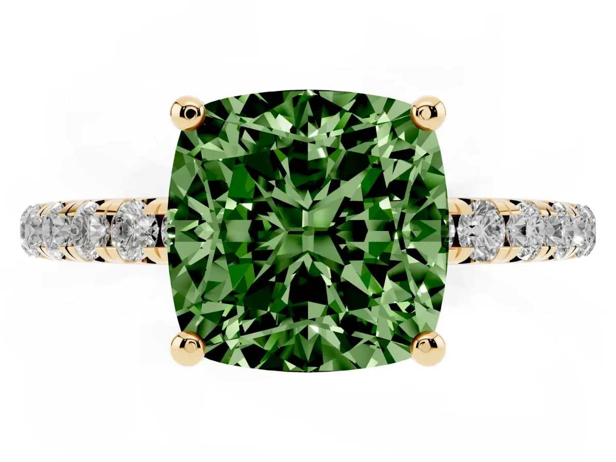 Fancy Green Cushion Cut Cut Diamond Solitaire Ring with Micro Pave Band and Four Prong Setting Yellow gold
