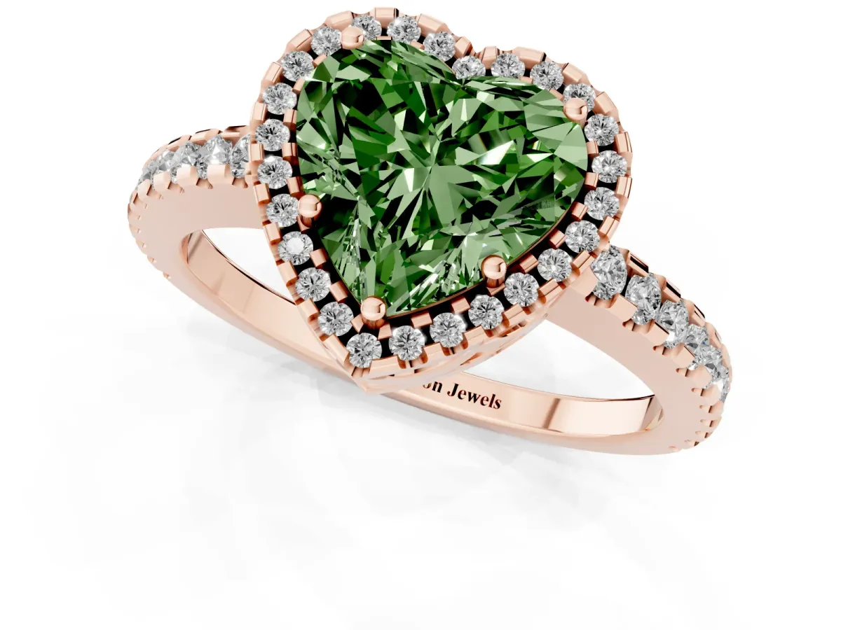 Fancy Green Heart Cut Diamond Halo Engagement Ring with Pavé Band and Prong Setting Rose gold