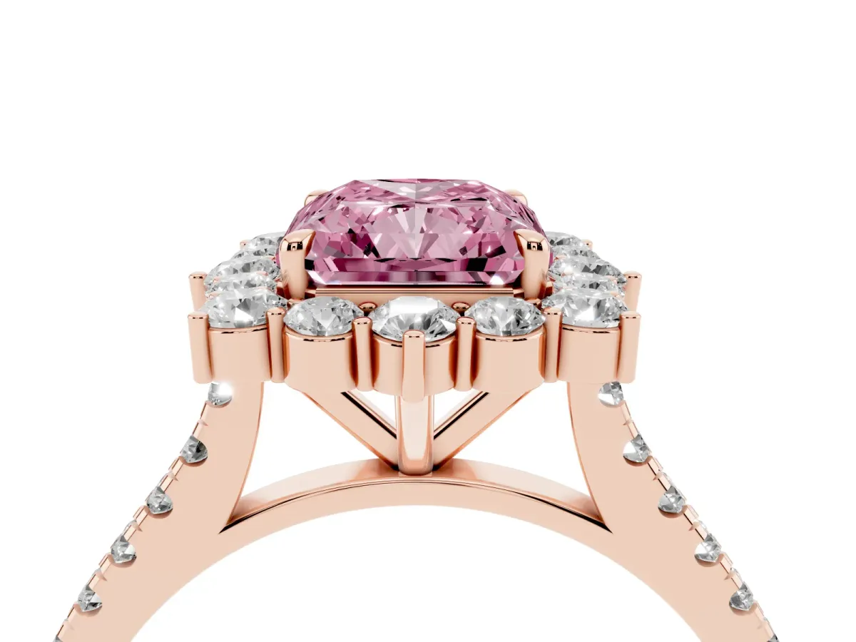 Fancy Pink Radiant Cut Halo Diamond Ring with Pavé Band and Prong Setting Rose gold