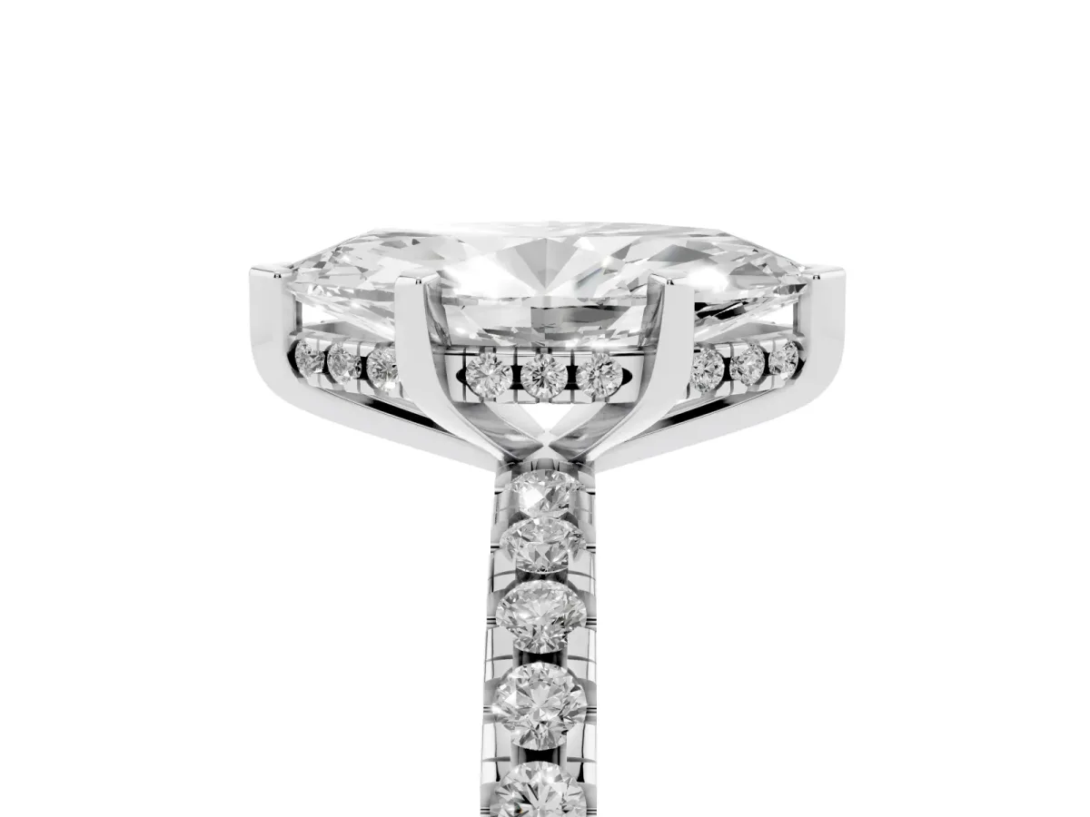 Marquise Cut Diamond Solitaire Ring with Round Pavé Band and Four-Prong Setting Silver