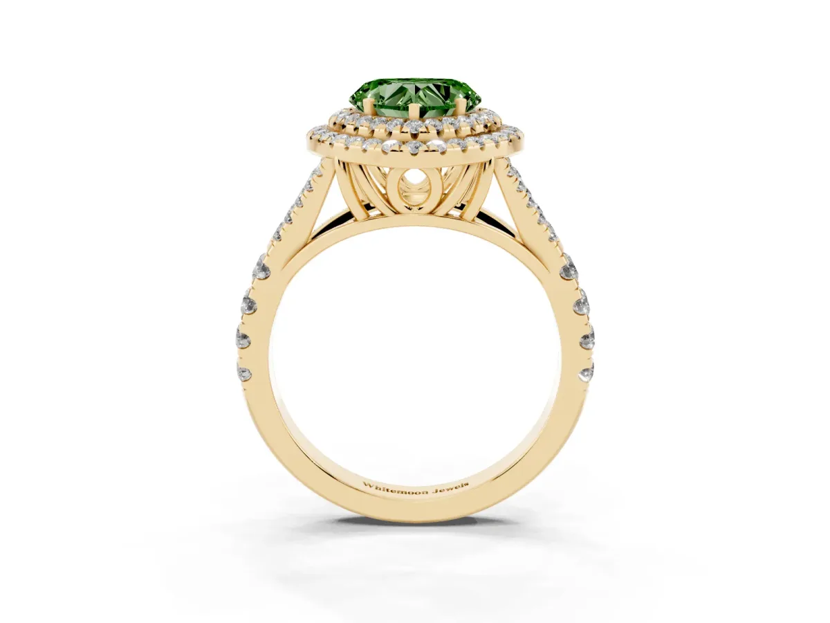 Fancy Green Heart Cut Cut Double Halo Split Shank Diamond Ring with Prong Setting Yellow gold
