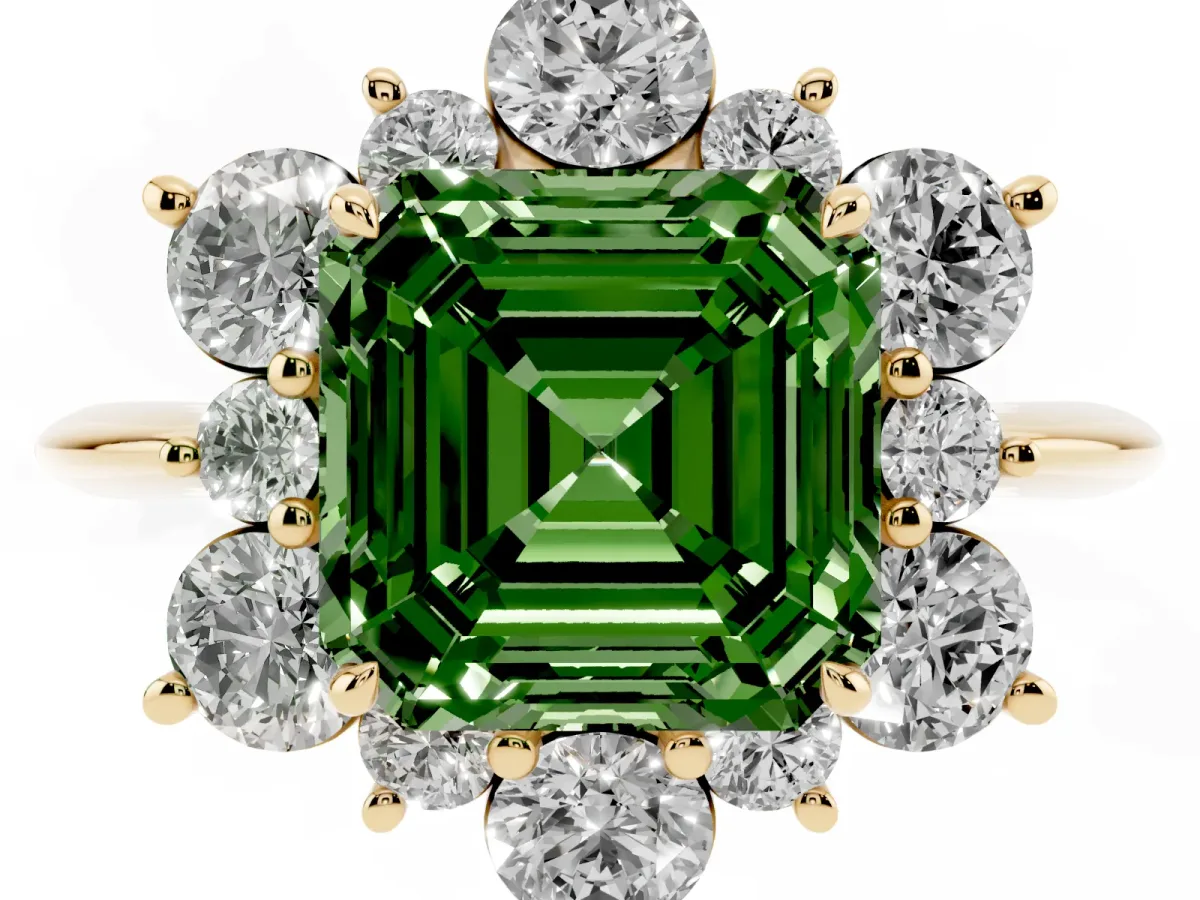 Fancy Green Asscher Cut Diamond Cluster Halo Ring with Solitaire Band and Four-Prong Setting Yellow gold
