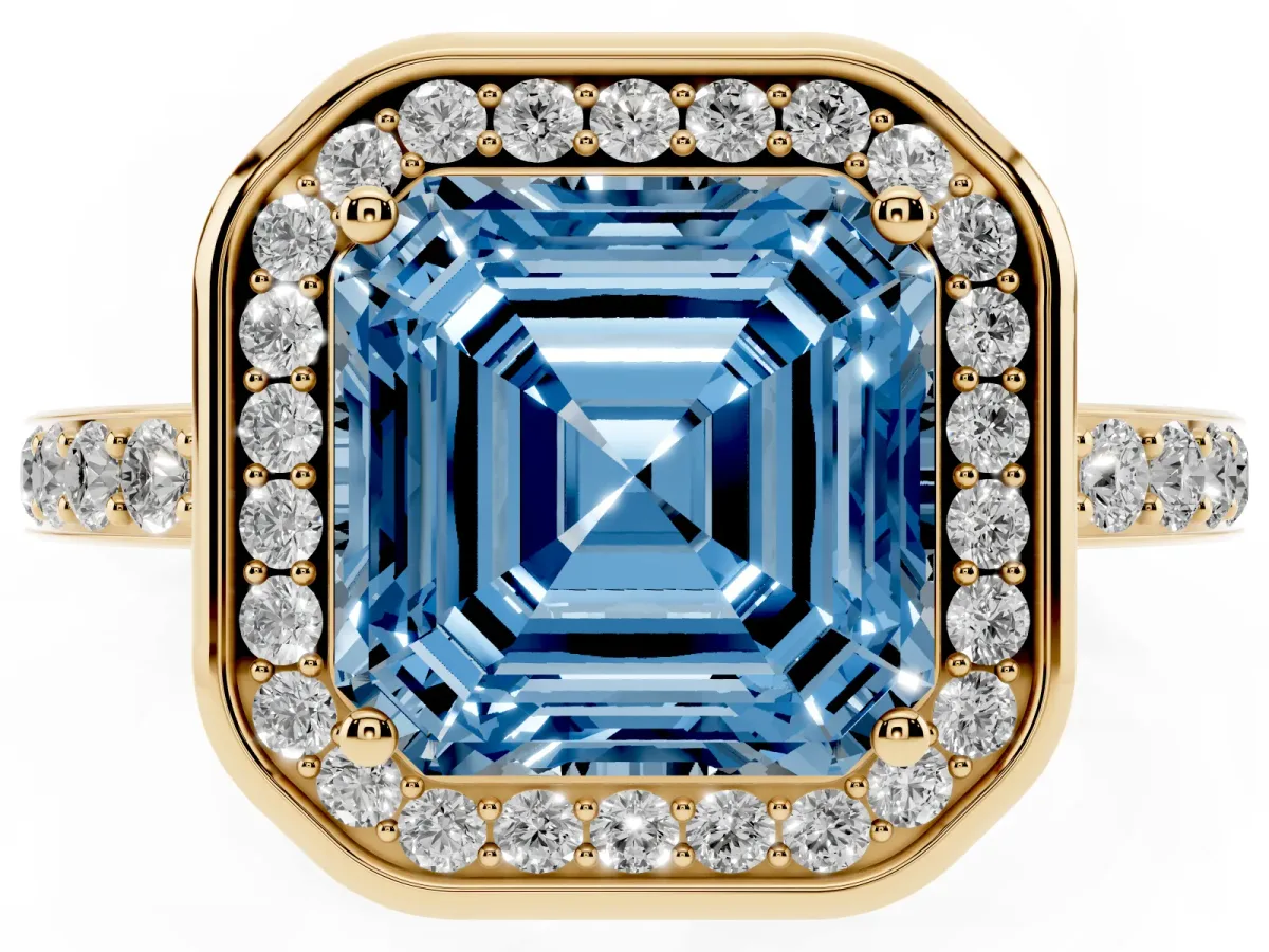 Fancy Blue Asscher Cut Diamond Halo Ring with Bezel Frame and Pavé Band Yellow gold
