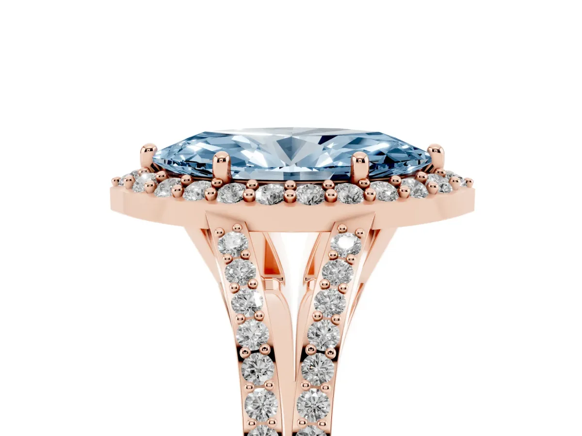 Fancy Blue Marquise Cut Halo Split Shank Diamond Ring with Prong Setting Rose gold