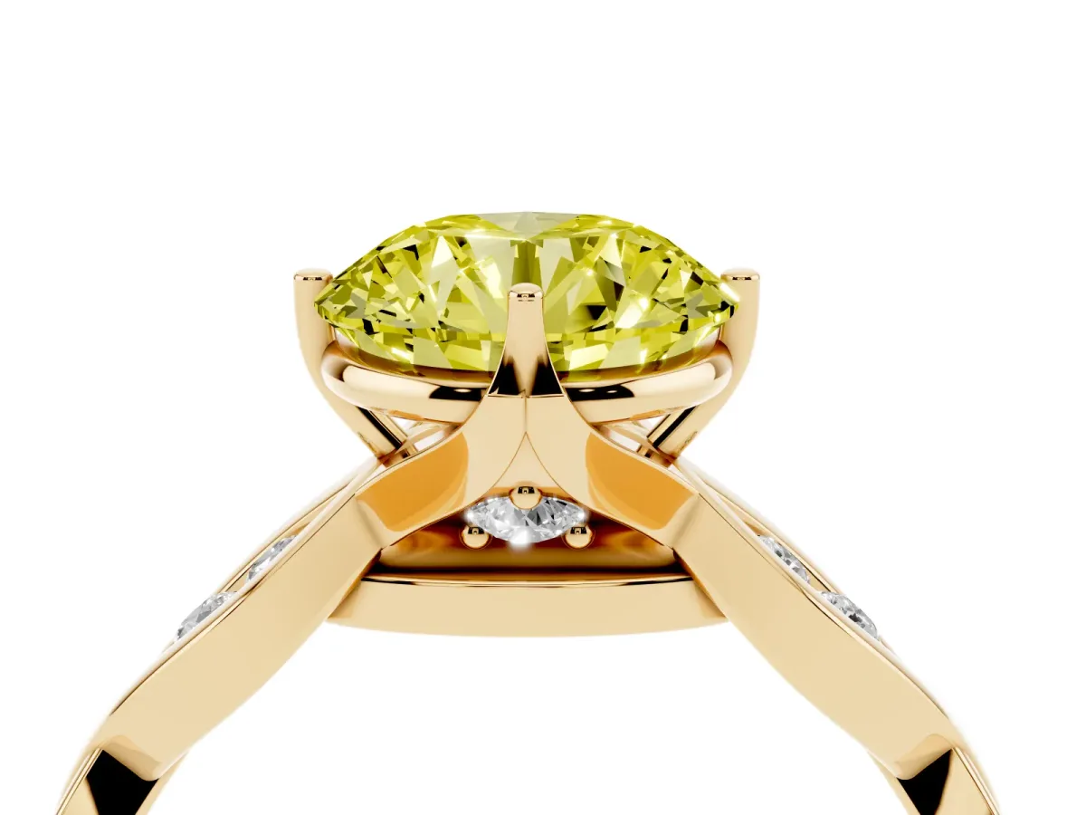 Fancy Yellow Round Cut Solitaire Twist Band with Leaf Prong Setting Yellow gold