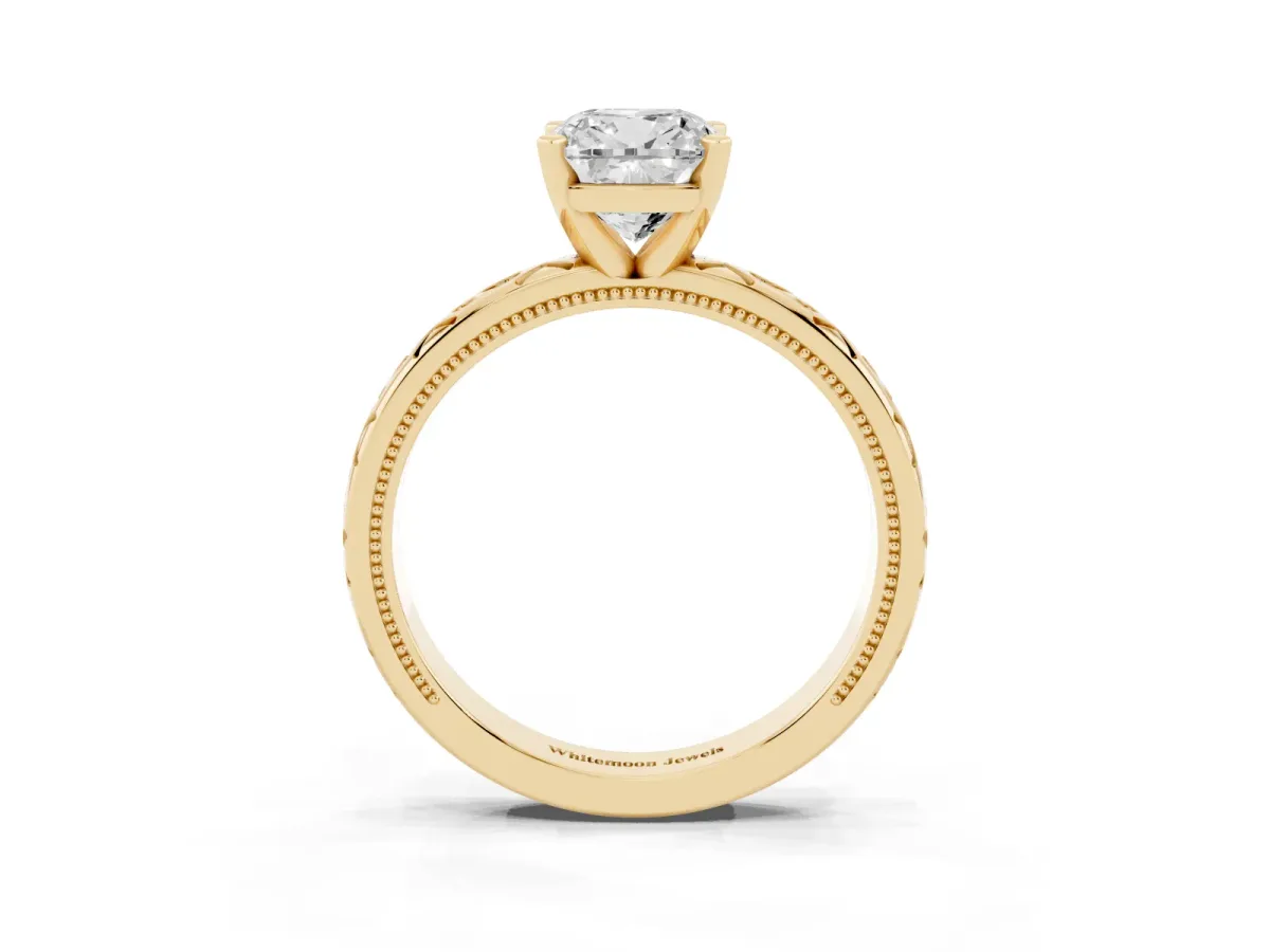 Cushion Cut Solitaire Engagement Ring with Scrollwork Band and Four-Prong Setting Yellow gold