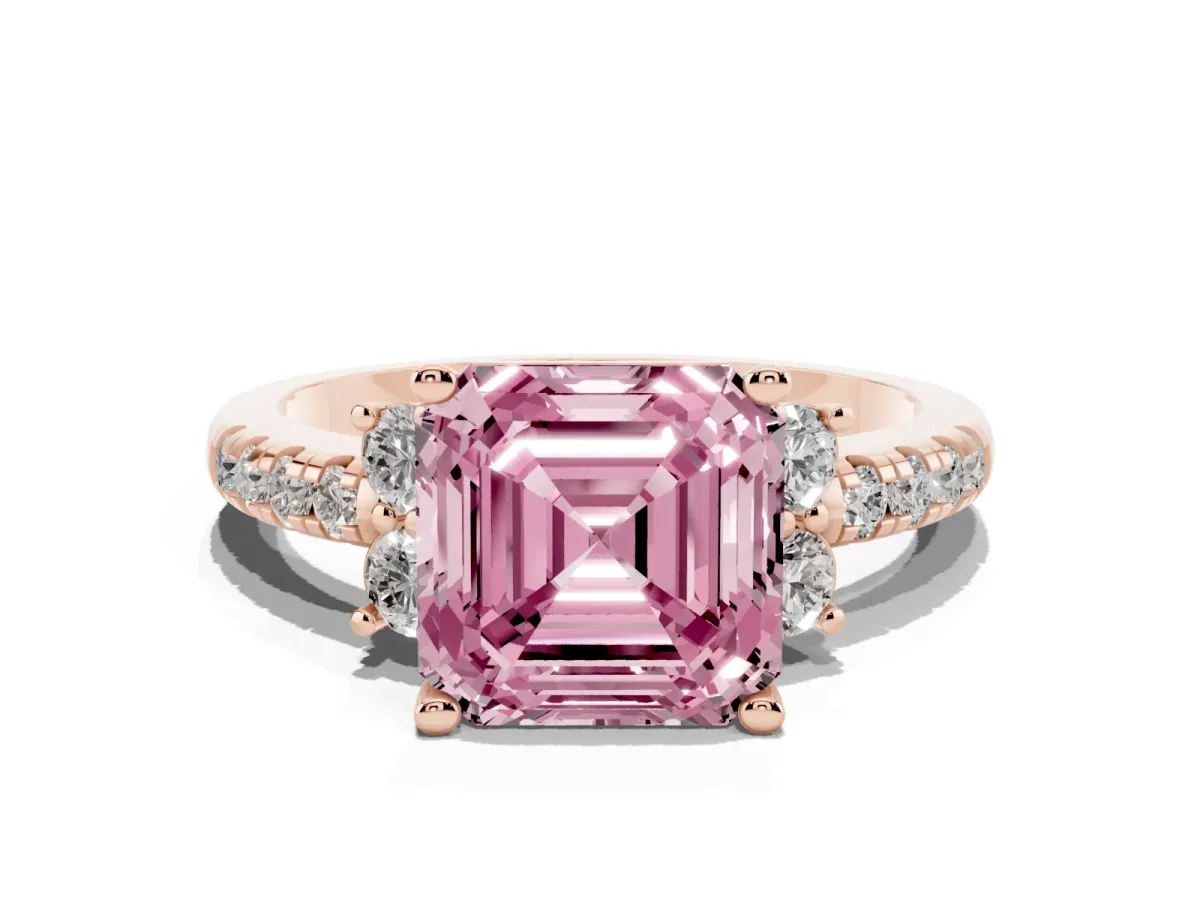 Fancy Pink Asscher Cut Diamond Three-Stone Pave Band with Four-Prong Setting Rose gold