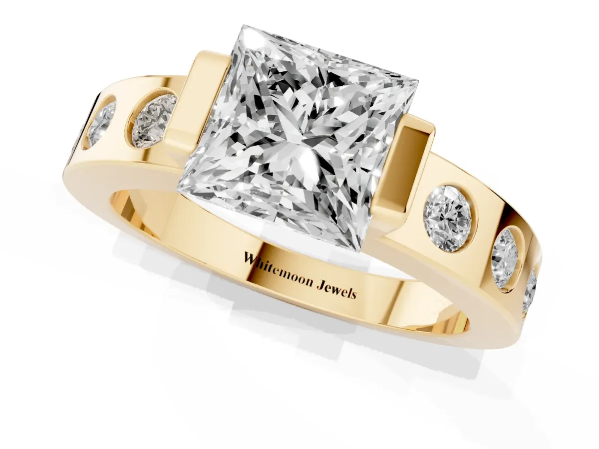 Princess Cut Brilliant Channel-Set Diamond Ring with Bezel Prong Setting Yellow gold