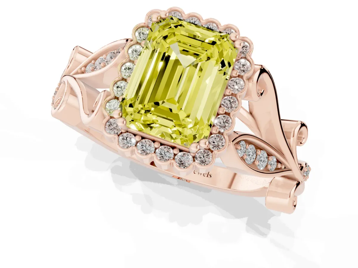 Fancy Yellow Emerald Cut Diamond Halo Ring with Vintage Split Shank and Four-Prong Setting Rose gold