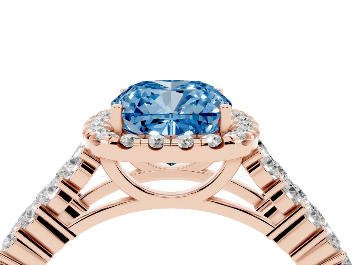Fancy Blue Cushion Cut Diamond Halo Engagement Ring with Triple Row Round Pavé Band and Prong Setting Rose gold