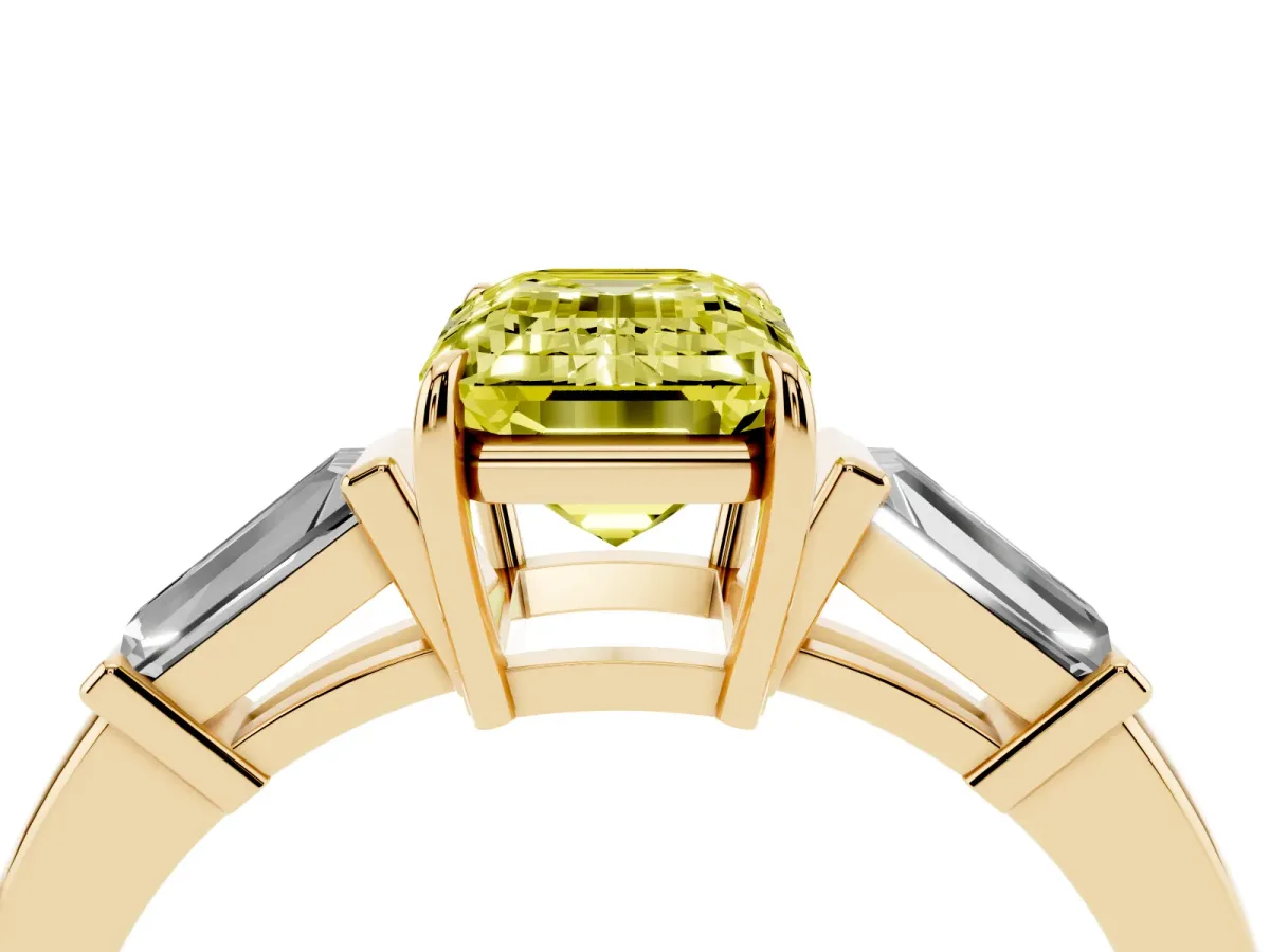 Fancy Yellow Emerald Cut Diamond Three-Stone Ring with Tapered Baguette Side Stones and Prong Setting Yellow gold
