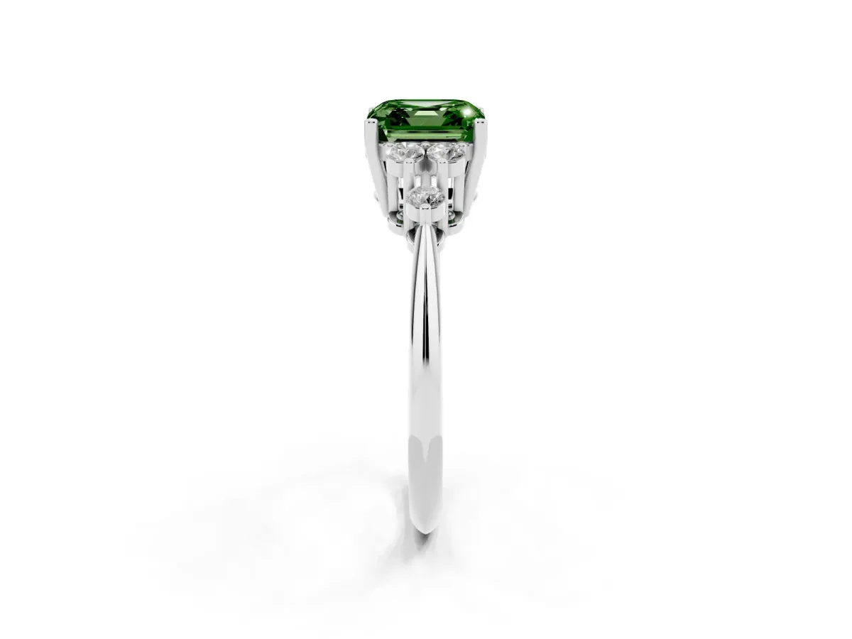 Fancy Green Asscher Cut Cut Diamond Cluster Ring with Solitaire Band and Four-Prong Setting Silver