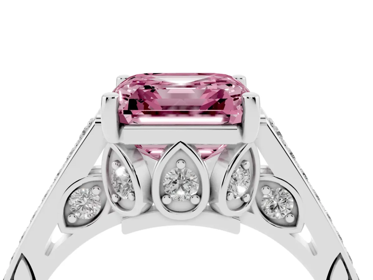 Fancy Pink Asscher Cut Cut Cathedral Pave Diamond Engagement Ring with Six-Prong Setting Silver