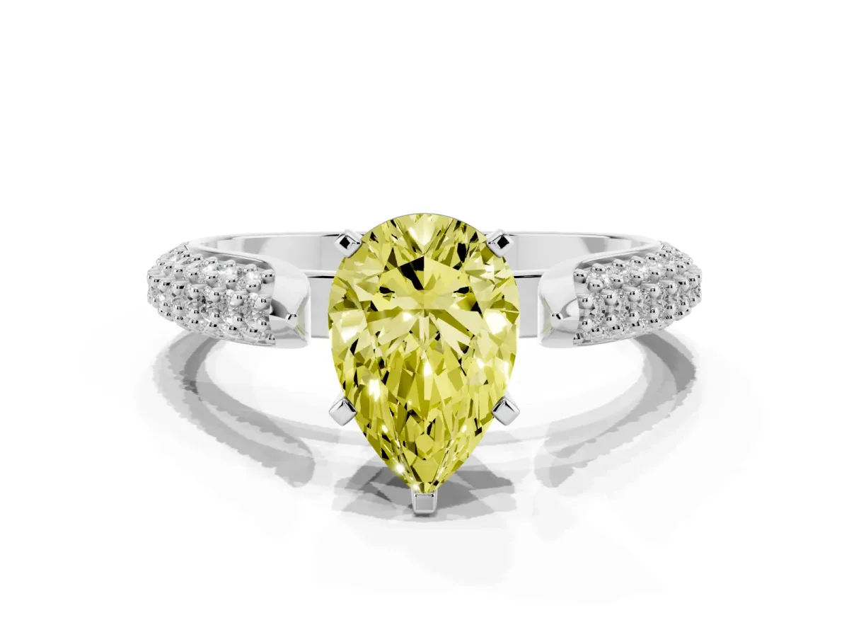 Fancy Yellow Pear Cut Diamond Solitaire Engagement Ring with Multi-Row Round Pavé Band and Prong Setting Silver