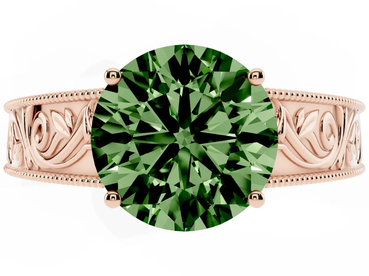 Fancy Green Round Cut Diamond Solitaire Ring with Engraved Band and Four-Prong Setting Rose gold