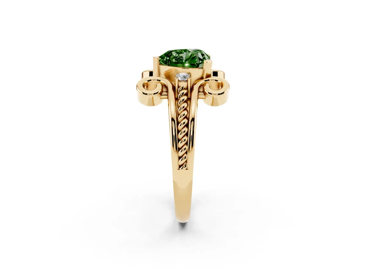 Fancy Green Heart Cut Solitaire Twisted Band Scroll Prong Ring Yellow gold