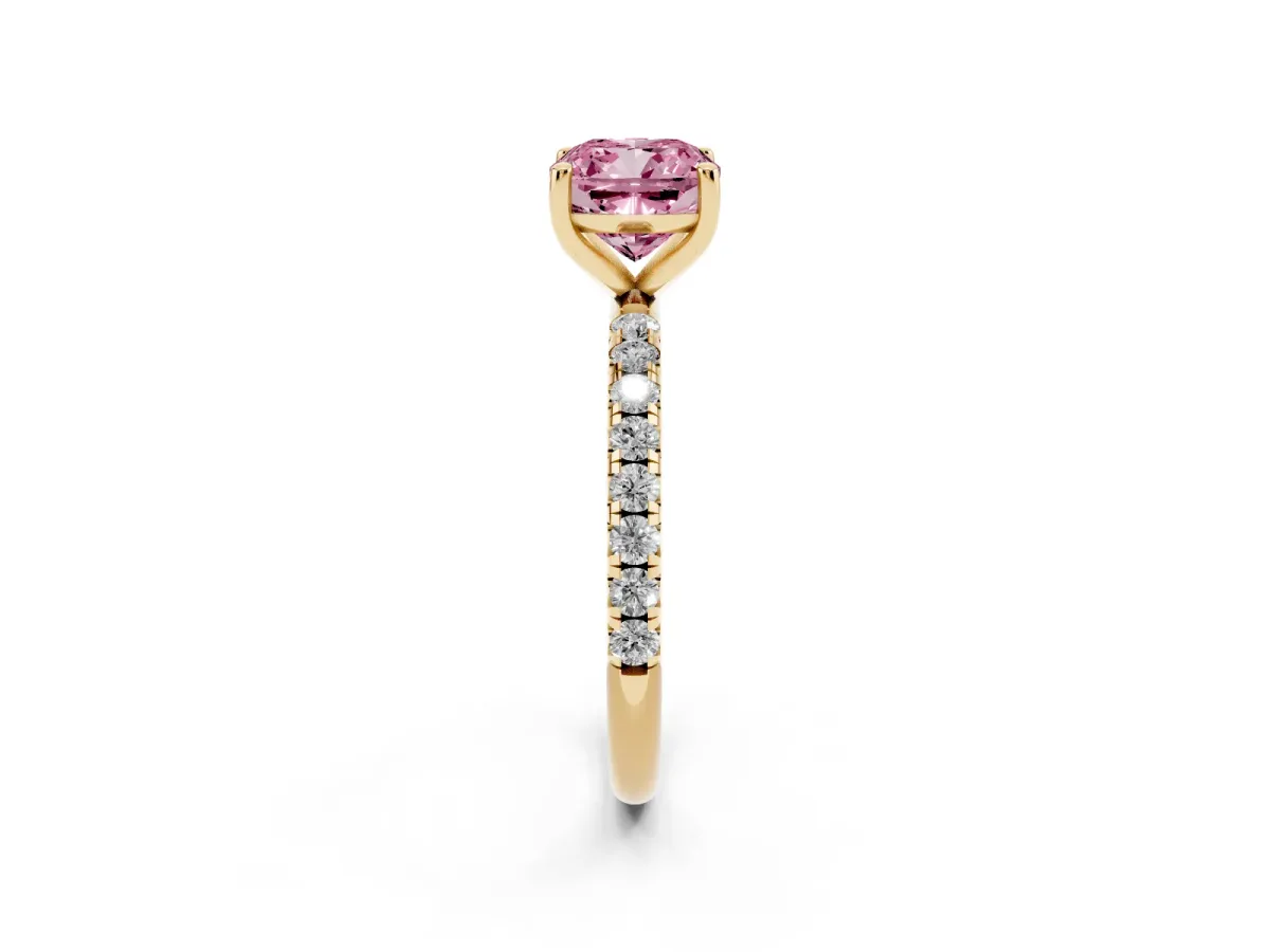 Fancy Pink Cushion Cut Cut Diamond Solitaire Ring with Micro Pave Band and Four Prong Setting Yellow gold