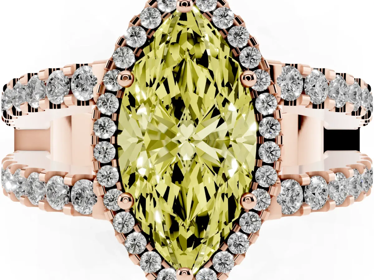 Fancy Yellow Marquise Cut Cut Halo Split Shank Diamond Ring with Four-Prong Setting Rose gold