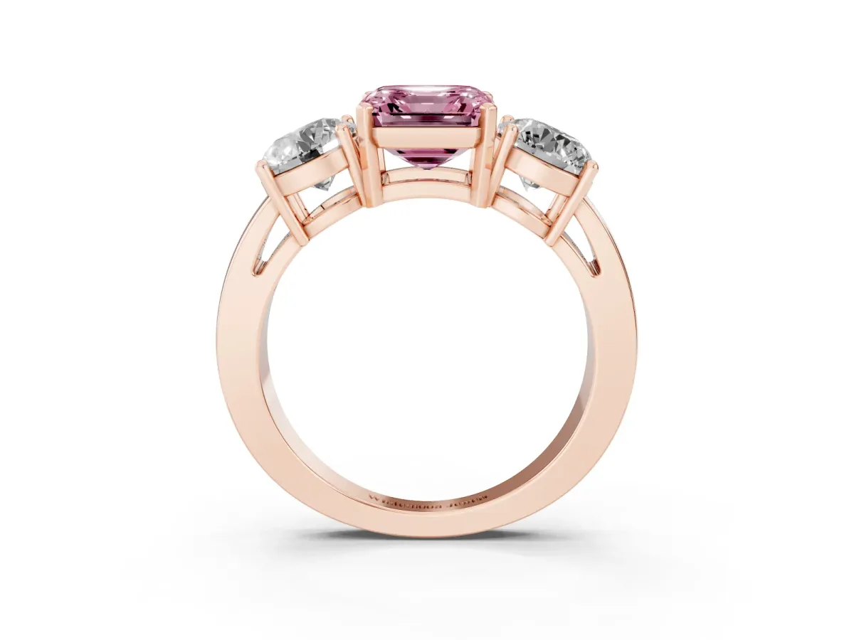 Fancy Pink Three-Stone Asscher Cut Diamond Ring with Round Side Stones, Classic Band, and Four-Prong Setting Rose gold