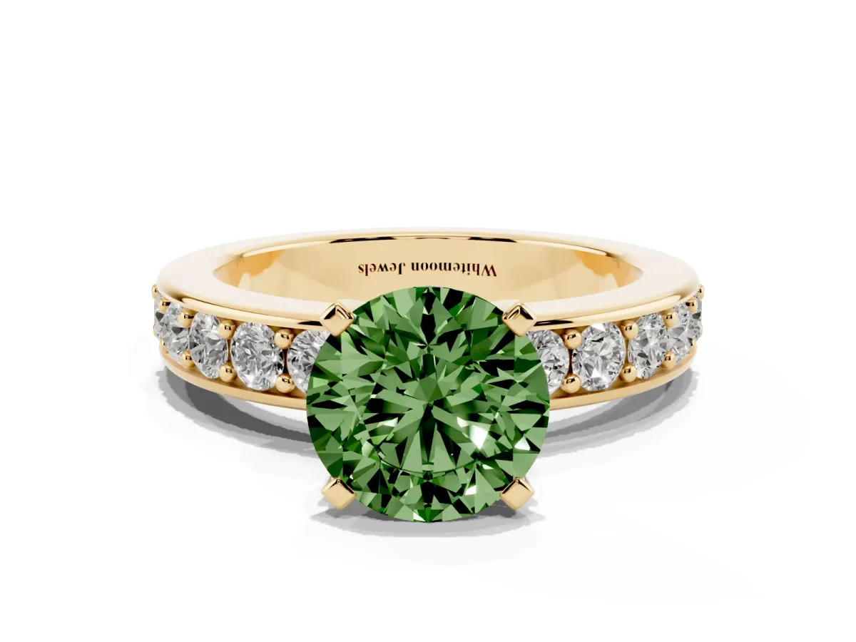 Fancy Green Round Cut Diamond Engagement Ring with Channel Set Round Band and Prong Setting Yellow gold