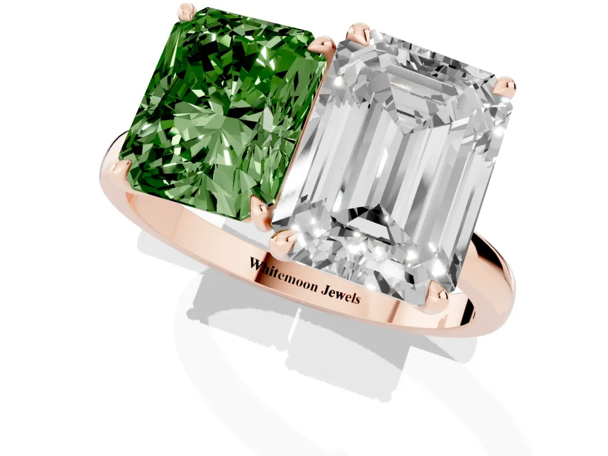 Fancy Green Radiant Cut and Emerald Cut Toi Moi Ring with Prong Setting Rose gold