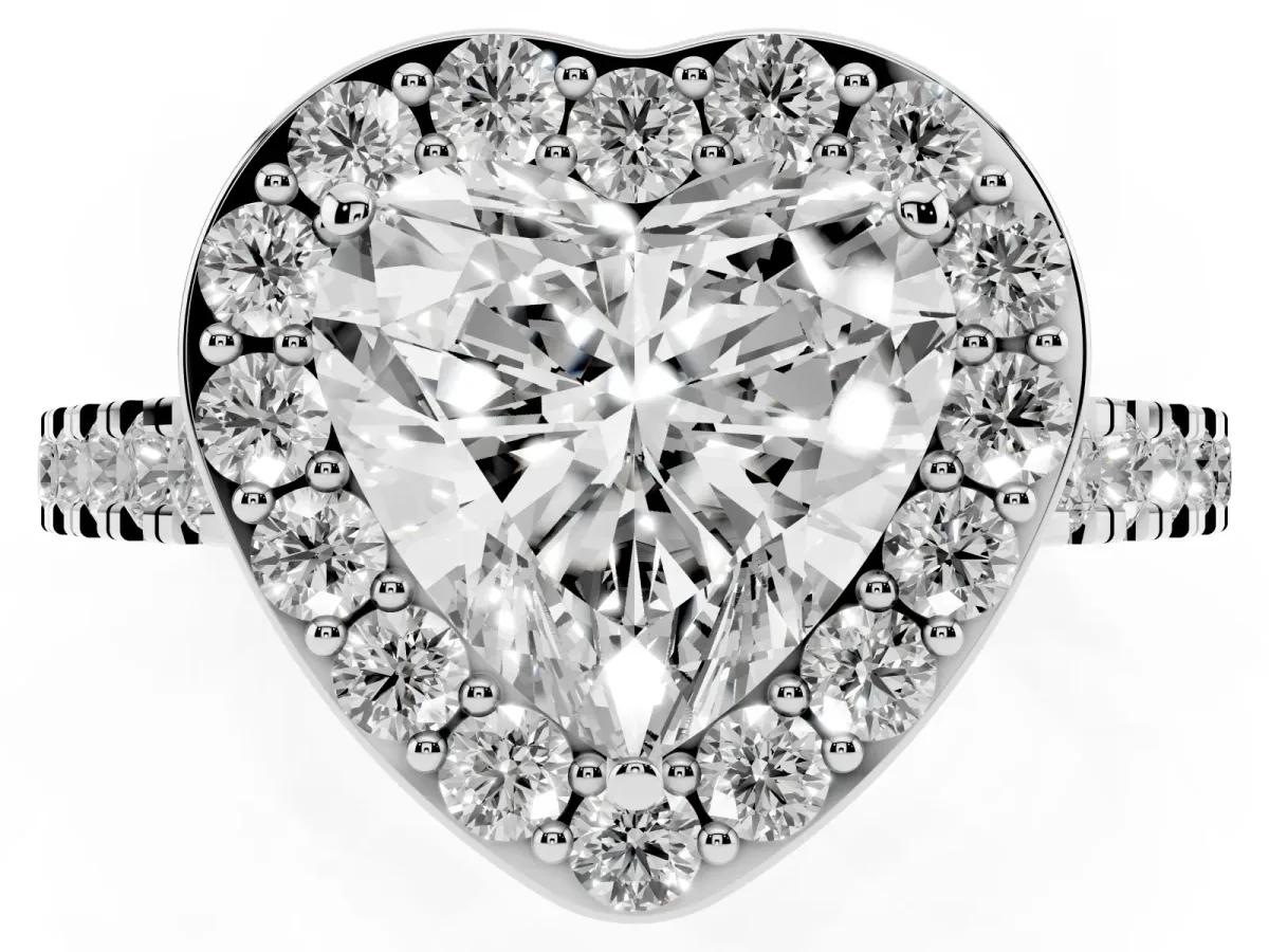 Heart Cut Diamond Halo Ring with Round Pavé Split Shank and Prong Setting Silver