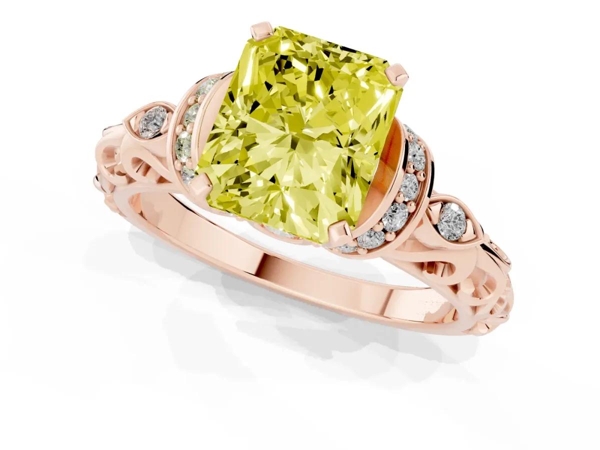 Fancy Yellow Radiant Cut Diamond Solitaire Ring with Filigree Band and Four-Prong Setting Rose gold