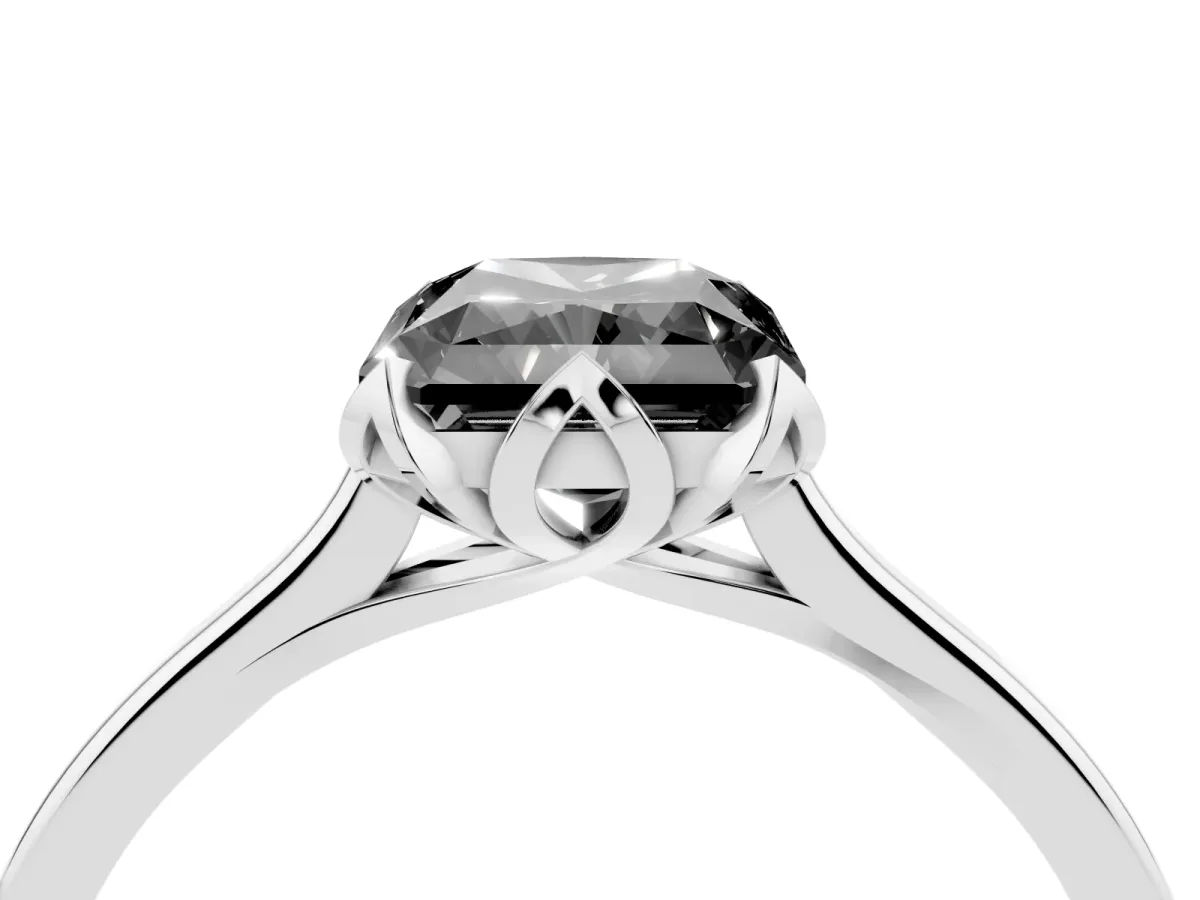 Fancy Black Radiant Cut Diamond Solitaire Ring with Flower Prong Setting and Classic Band Silver