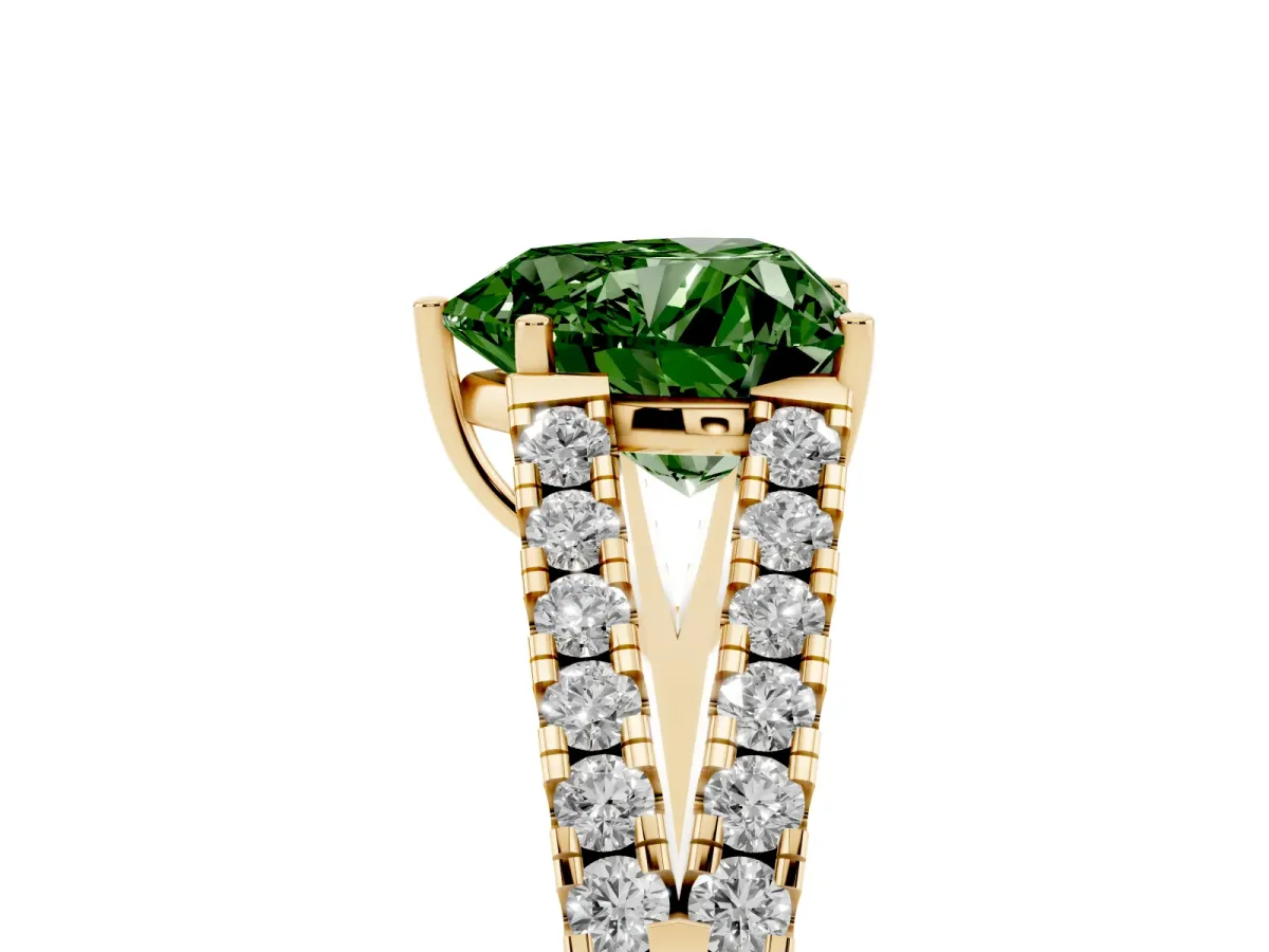 Fancy Green Heart Cut Diamond Split Shank Engagement Ring with Round Pavé and Prong Setting Yellow gold