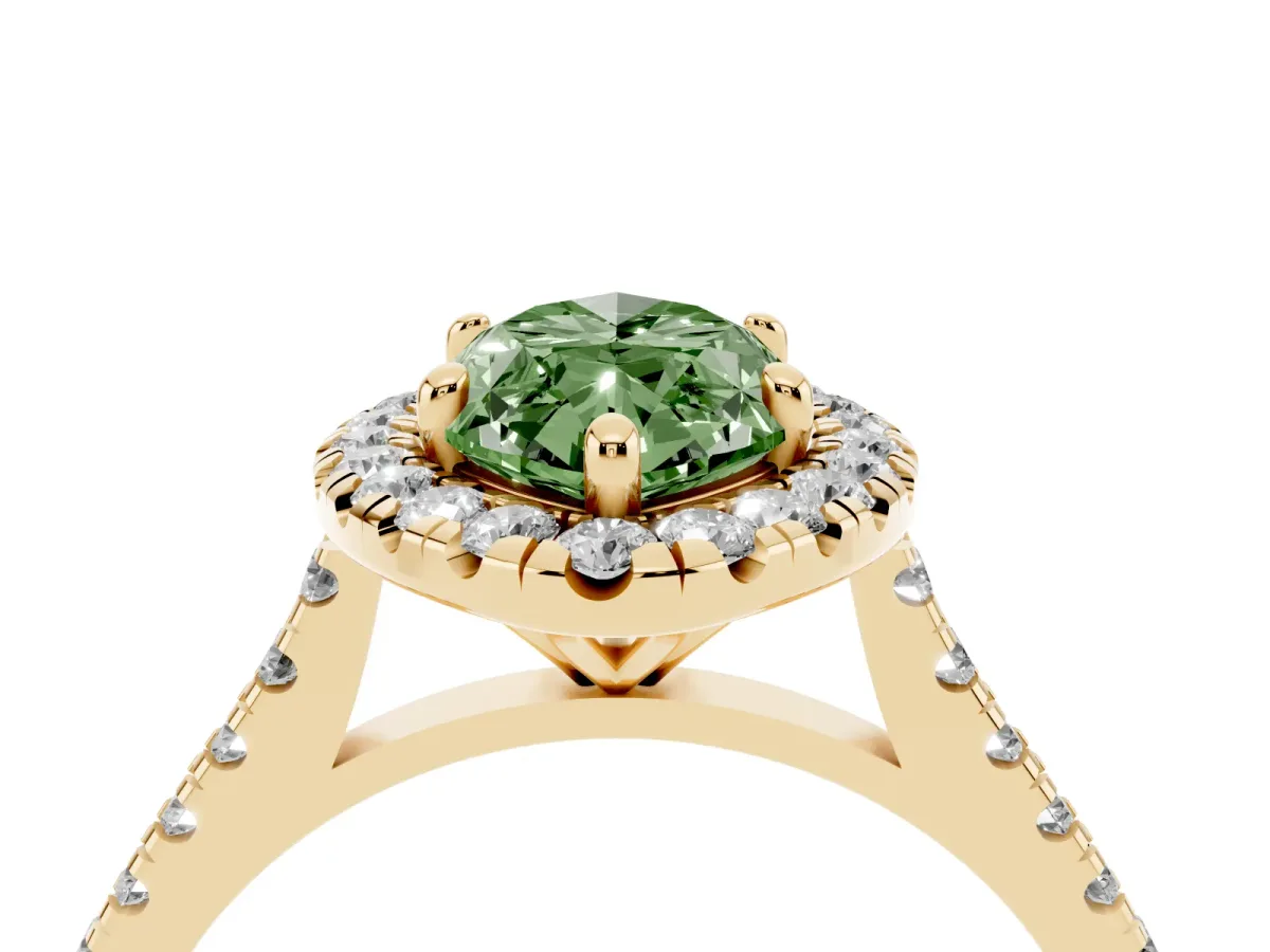 Fancy Green Marquise Cut Diamond Cushion Halo Ring with Pavé Band Yellow gold