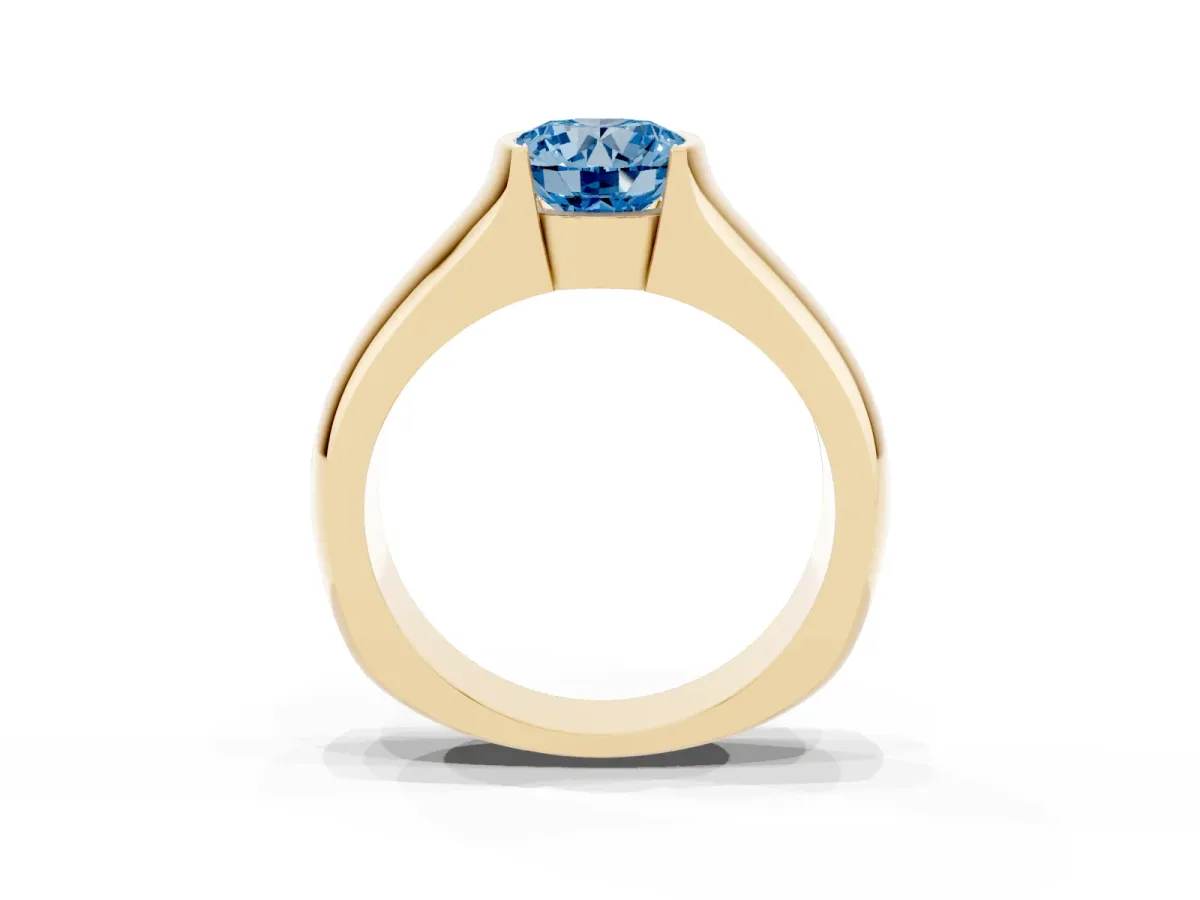 Fancy Blue Round Cut Solitaire Bezel Set Diamond Ring with Wide Band Yellow gold