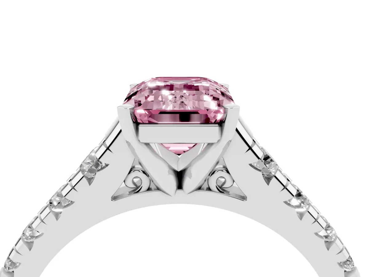 Fancy Pink Emerald Cut Diamond Cathedral Solitaire Ring with Round Pavé Band Silver