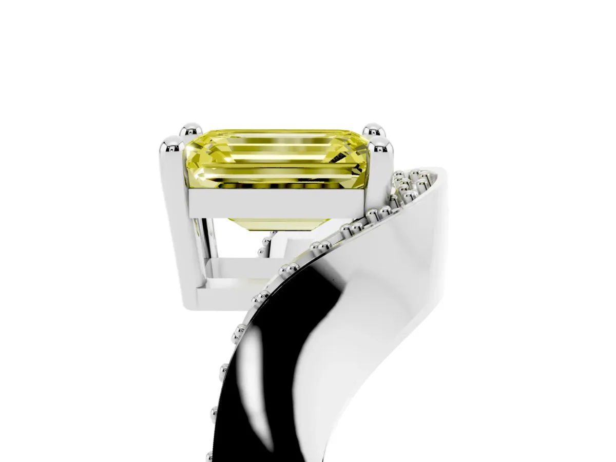 Fancy Yellow Emerald Cut Solitaire Diamond Engagement Ring with Pave Band and Four-Prong Setting White gold