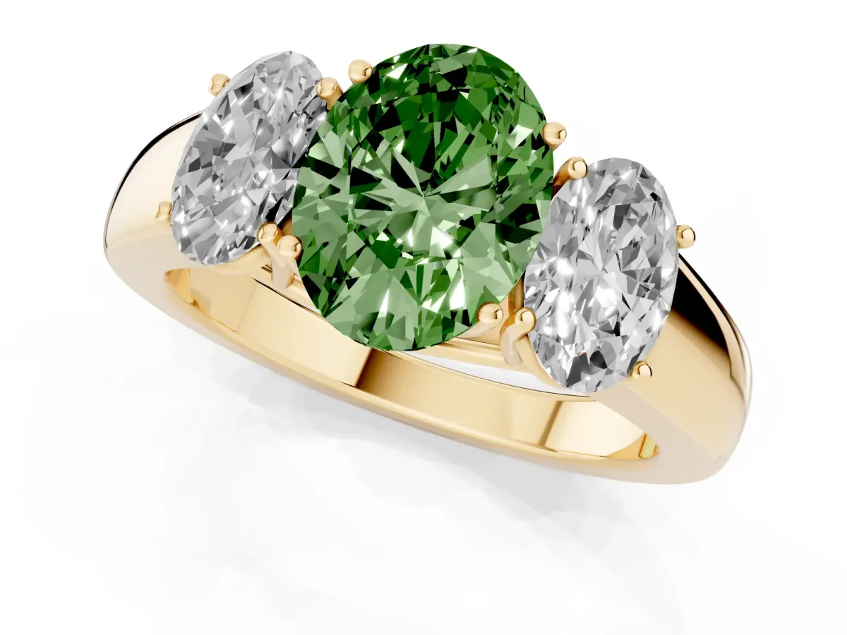 Fancy Green Three-Stone Oval Cut Cut Diamond Ring with Prong Setting and Classic Band Yellow gold