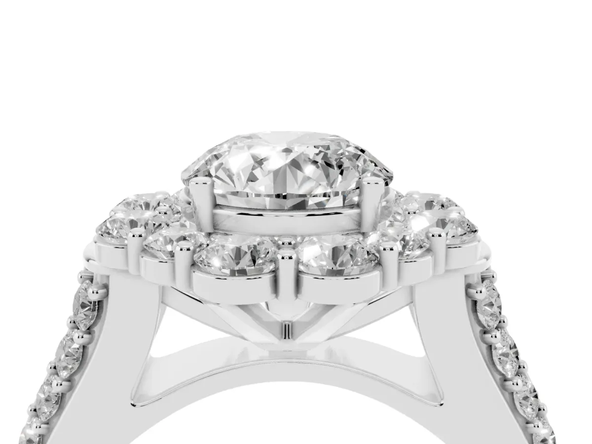 Round Cut Halo Diamond Engagement Ring with Split Shank and Prong Setting Silver