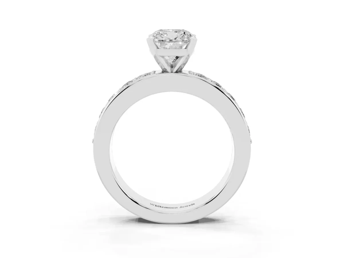 Cushion Cut Diamond Engagement Ring with Channel Set Round Band and Prong Setting Platinum