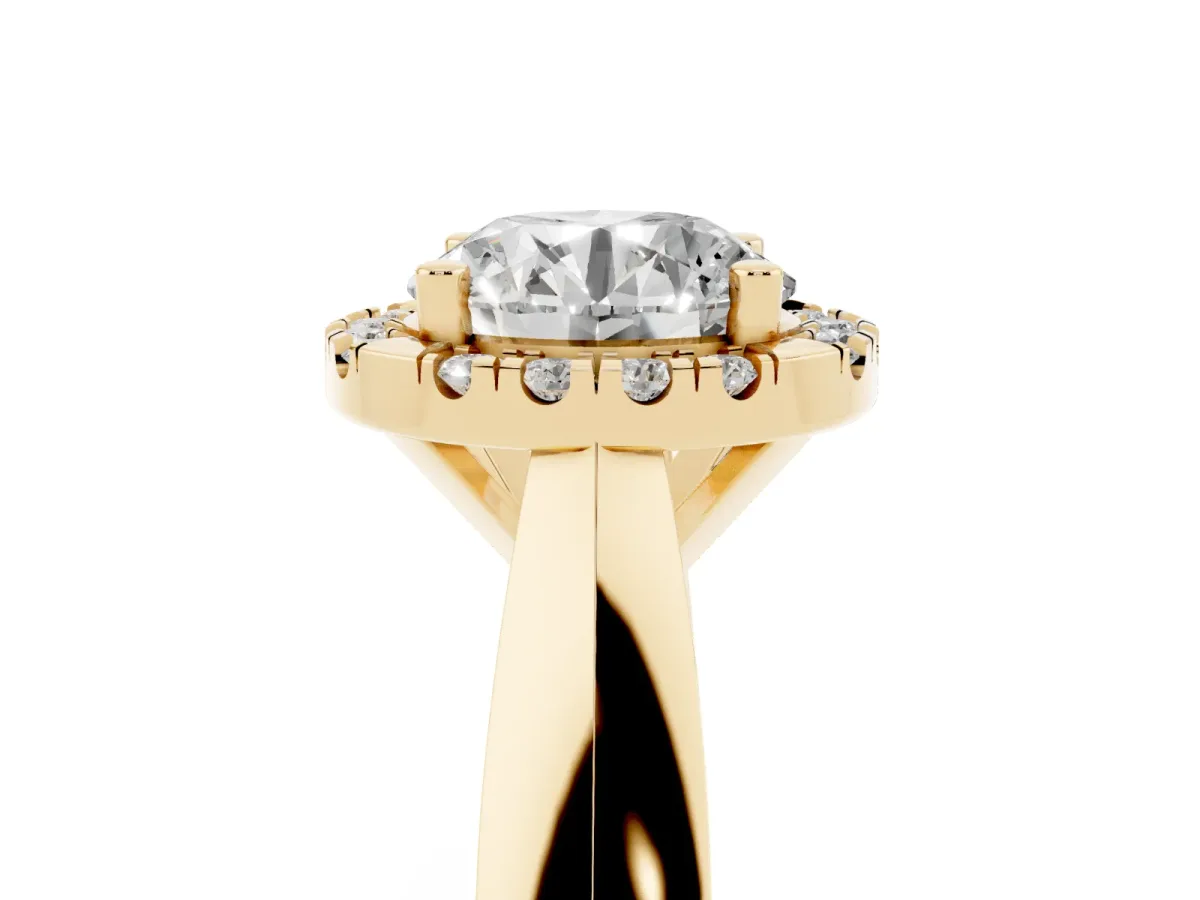 Round Cut Cut Halo Solitaire Engagement Ring with Square Band and Four-Prong Setting Yellow gold