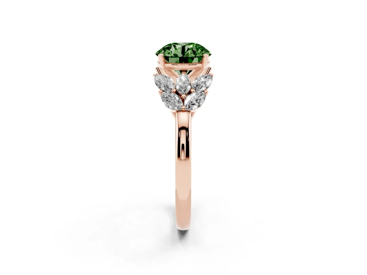 Fancy Green Round Cut Diamond Cluster Leaf Design Ring with Prong Setting Rose gold