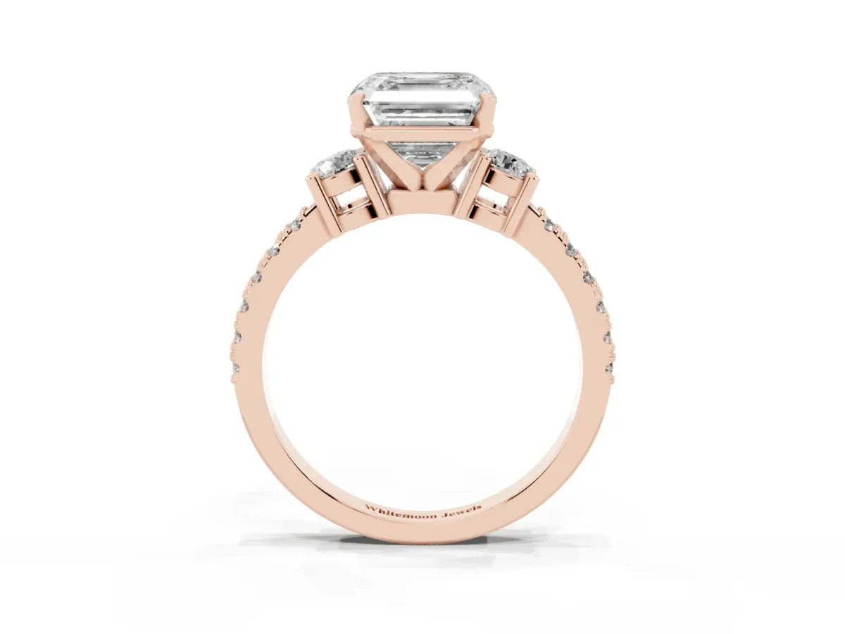 Asscher Cut Three-Stone Diamond Pavé Band with Prong Setting Rose gold