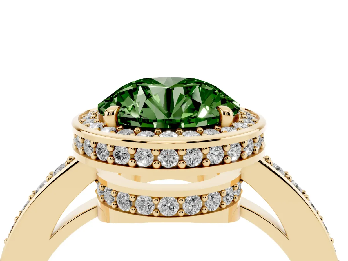 Fancy Green Round Cut Halo Pave Band Solitaire Ring with Prong Setting Yellow gold