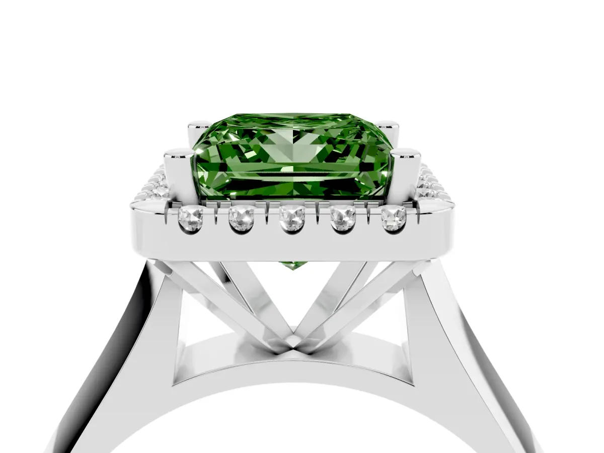 Fancy Green Princess Cut Cut Halo Solitaire Engagement Ring with Square Band and Four-Prong Setting Platinum