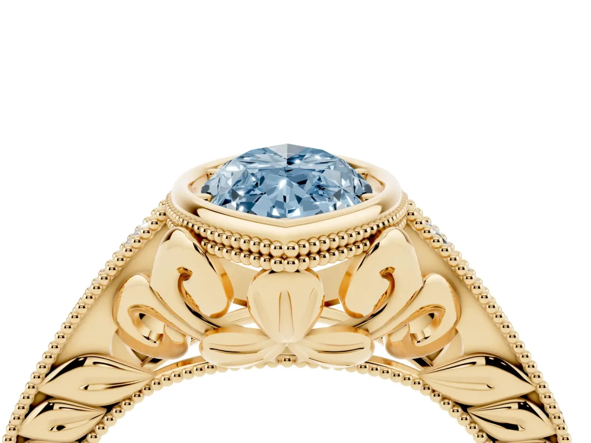 Fancy Blue Bezel Set Marquise Cut Diamond Milgrain Pave Engagement Ring Yellow gold